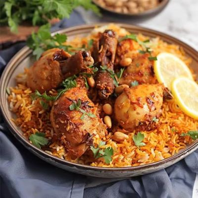 Pieces of browned chicken on orange spiced rice, with almonds, parsley and lemon slices, on a ceramic plate